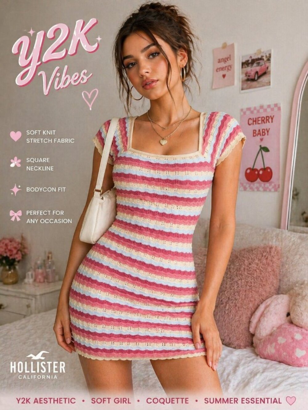 Hollister Y2K Bodycon Mini Dress S Pink Cream Striped Knit Coquette Soft Girl